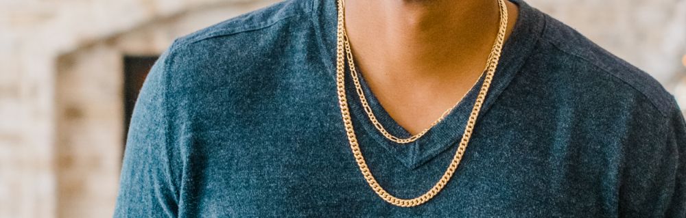 Necklace Length and Chain Length Size Guide. Close up image of a man wearing a chain necklace.